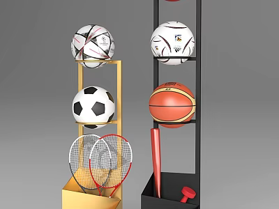 Sports Gear Storage Shelf with Yellow Black Frame Holding Soccer Ball Basketball Badminton Rackets 3d model