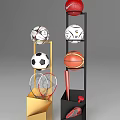 Sports Gear Storage Shelf with Yellow Black Frame Holding Soccer Ball Basketball Badminton Rackets