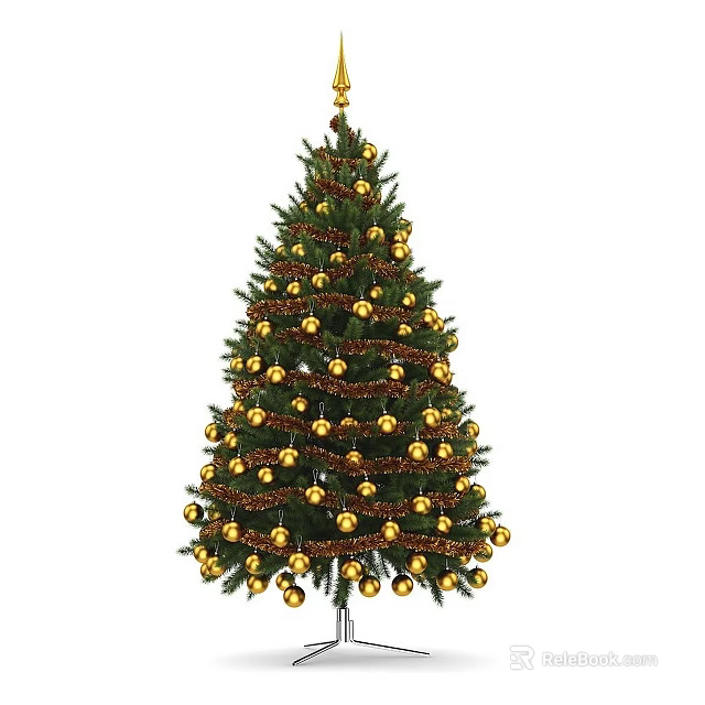Festive Christmas Tree With Green Branches Gold Ornaments Tinsel And Star On Top 3d model 
