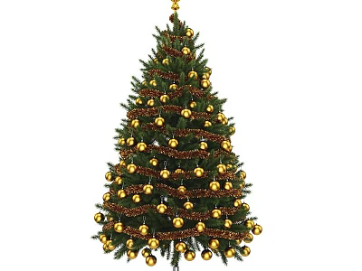 Festive Christmas Tree With Green Branches Gold Ornaments Tinsel And Star On Top 3d model