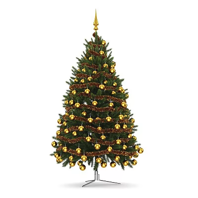 Festive Christmas Tree With Green Branches Gold Ornaments Tinsel And Star On Top 3d model