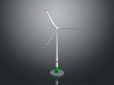 White Wind Turbine Model With Three Blades Red Tips And Green Base 3d model