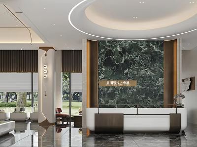 Modern Sales Office Lobby With Green Marble Wall And Reception Counter 3d model