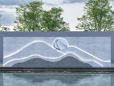 Modern Landscape Feature Wall with Wavy Lines Circular Marble Decoration Trees and Pool Reflection 3d model