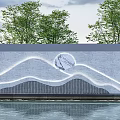 Modern Landscape Feature Wall with Wavy Lines Circular Marble Decoration Trees and Pool Reflection