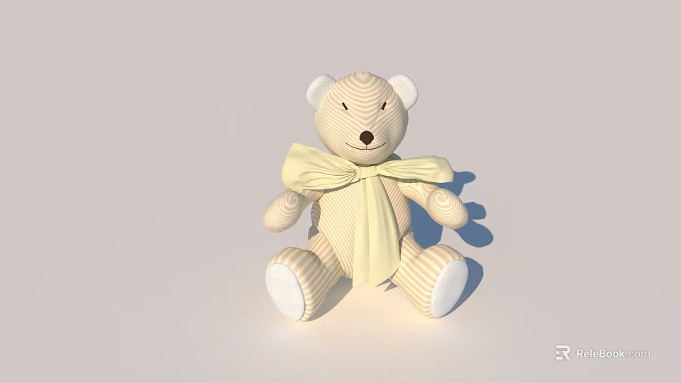 Striped Teddy Bear Doll Featuring Yellow Bow Tie White Ears Paws on Light Gray Backdrop 3d model 