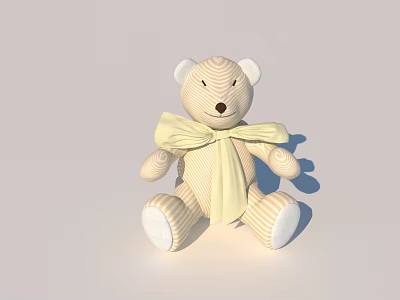 Striped Teddy Bear Doll Featuring Yellow Bow Tie White Ears Paws on Light Gray Backdrop 3d model