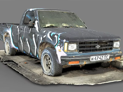 Old Worn Out Truck With Graffiti Paint And Worn Tires Parked On Dirty Ground 3d model