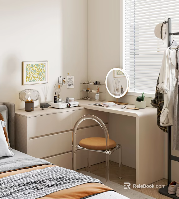 Light Colored Bedroom Dressing Table With Round Mirror Drawers Cosmetics And Window Blinds 3d model