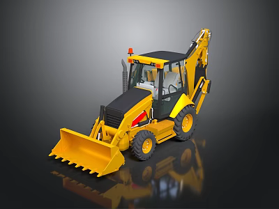 Yellow Wheeled Backhoe Loader With Front Bucket Rear Arm And Operator Cab 3d model