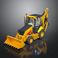 Yellow Wheeled Backhoe Loader With Front Bucket Rear Arm And Operator Cab