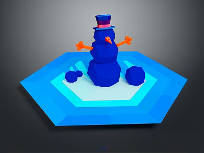 Low Poly Blue Snowman Character With Red Arms Top Hat And Hexagonal Base 3d model