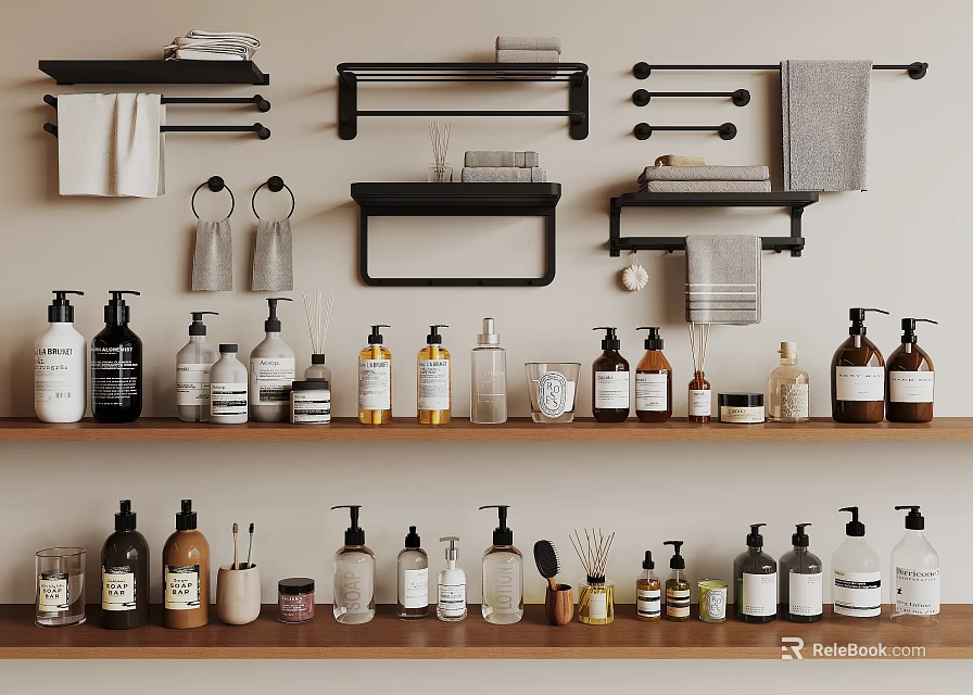Washroom Daily Essentials Organized Shelves With Towels And Various Liquid Soap Bottles 3d model 