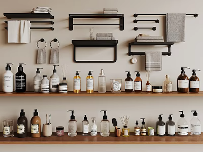 Washroom Daily Essentials Organized Shelves With Towels And Various Liquid Soap Bottles 3d model