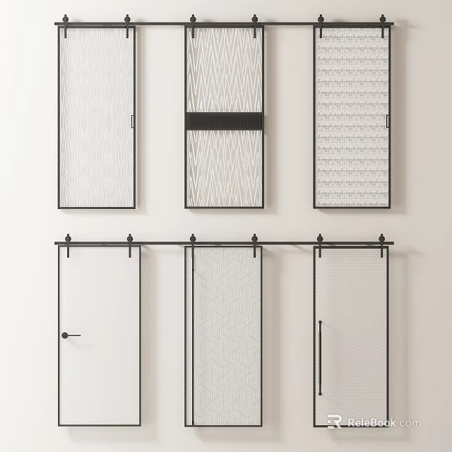 Elegant Barn Doors With Various Patterned Panels And Black Metal Frames 3d model