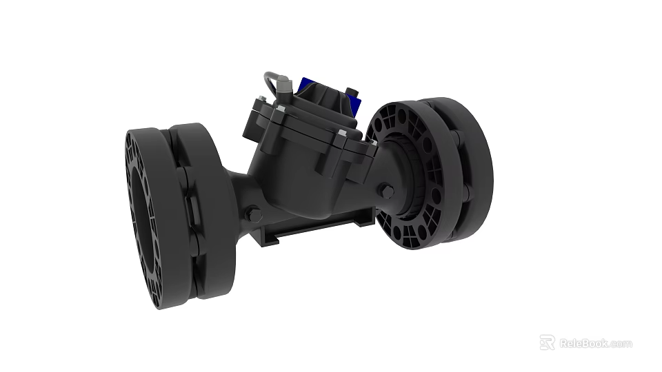 Black Mechanical Industrial Valve with Flange Connections and Blue Components 3d model 