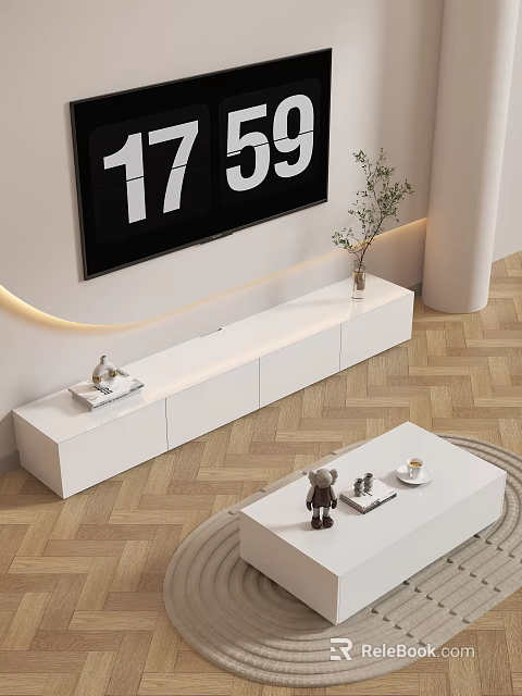 Modern Minimalist White TV Stand With Wall Clock Vase And Coffee Table On Wooden Floor 3d model 