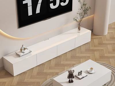 Modern Minimalist White TV Stand With Wall Clock Vase And Coffee Table On Wooden Floor 3d model