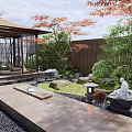 Tranquil Courtyard Garden With Wooden Pavilion Stone Lantern Natural Rocks And Lush Greenery