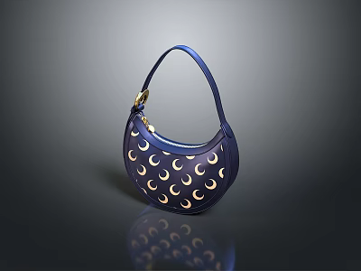 Blue Crescent Shape Handbag Featuring Gold Moon Patterns And Top Handle Design 3d model