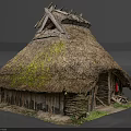 Traditional Thatched Cottage with Moss Covered Roof and Stone Walls