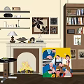 Cozy Living Room Interior Fireplace With Burning Fire Decorative Painting Bookshelf And Potted Plant