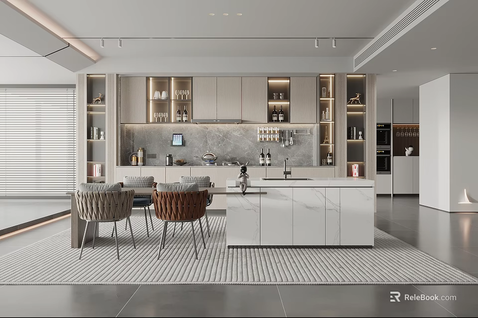 Modern Restaurant Interior Design With Open Concept Dining Table And Pendant Lighting Decor 3d model 