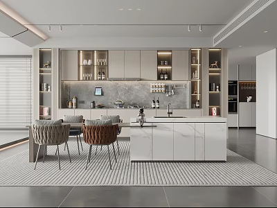 Modern Restaurant Interior Design With Open Concept Dining Table And Pendant Lighting Decor 3d model