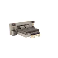 Double Bed Featuring White Headboard Brown Comforter Grey Pillows Nightstands with Lamps and Golden Bench