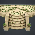 Curved Stone Staircase With Moss Covered Steps And Stone Planters With Plants