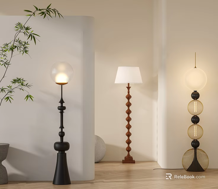 Modern Stylish Floor Lamps With Diverse Designs In Minimalist Interior Space 3d model 