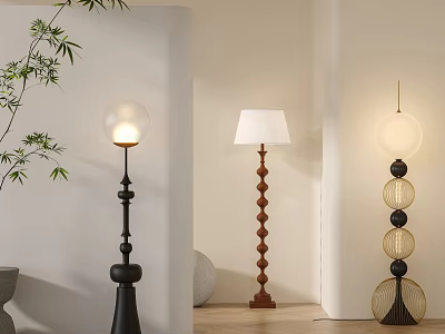 Modern Stylish Floor Lamps With Diverse Designs In Minimalist Interior Space 3d model