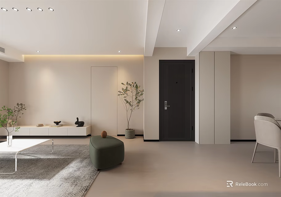 Modern Living Dining Room Interior With Open Layout Sofa Dining Table And Lighting 3d model 