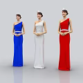Three Women Wearing One Shoulder Blue White Red Dresses With Tiaras Hands Clasped In Front