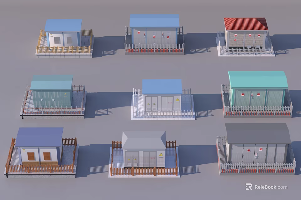 Various Industrial Equipment Structures With Colorful Roofs And Enclosed Fences 3d model 