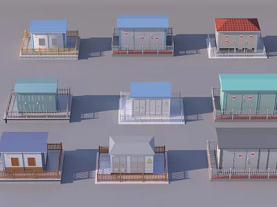 Various Industrial Equipment Structures With Colorful Roofs And Enclosed Fences 3d model