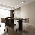 Modern Restaurant Dining Area With Wooden Table Elegant Chairs Pendant Lights And Green Plants