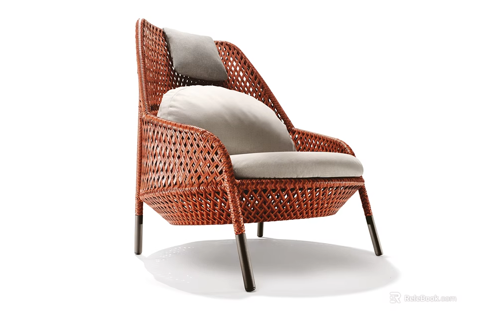 Modern Brown Woven Rattan Leisure Chair With Gray Cushions And Black Metal Legs 3d model 