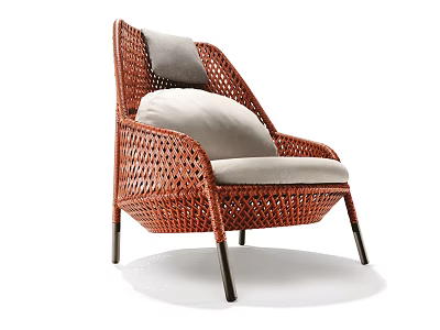 Modern Brown Woven Rattan Leisure Chair With Gray Cushions And Black Metal Legs 3d model