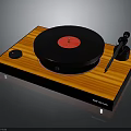 Modern Vinyl Turntable with Wooden Base Black Platter Red Center Record and Tonearm