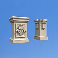 Decorative Columns With Intricate Carvings And Classic Capital Design Against Blue Sky Background