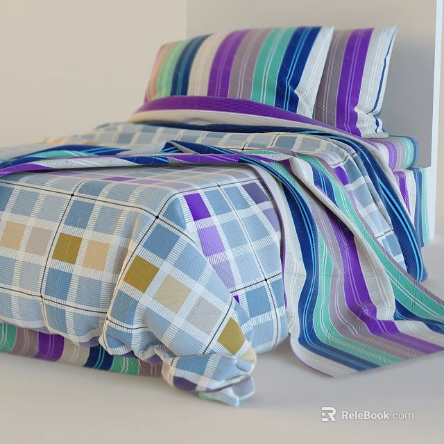 Stylish Single Bed with Colorful Striped and Plaid Bedding in Purple Blue Green Tones 3d model 