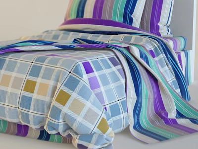 Stylish Single Bed with Colorful Striped and Plaid Bedding in Purple Blue Green Tones 3d model