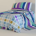 Stylish Single Bed with Colorful Striped and Plaid Bedding in Purple Blue Green Tones