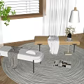 Light Colored And Yellow Sofa Stools With Blankets Pillow And Green Plant On Round Rug