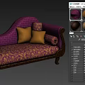 Elegant Purple Two-Seater Sofa With Gold Floral Pattern Gold Cushions And Wooden Legs