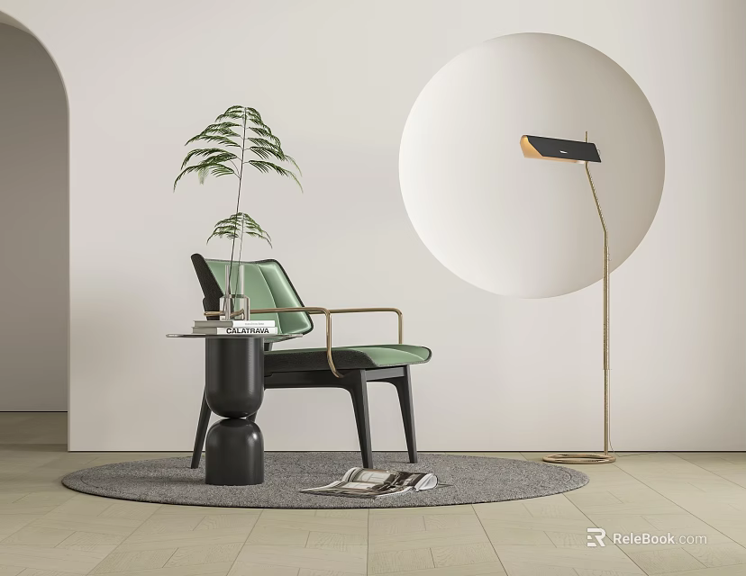 Green Accent Chair With Metal Armrests Side Table Potted Plant Floor Lamp Round Decorative Wall Gray Rug 3d model 