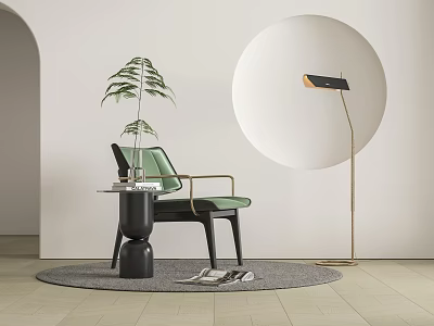 Green Accent Chair With Metal Armrests Side Table Potted Plant Floor Lamp Round Decorative Wall Gray Rug 3d model