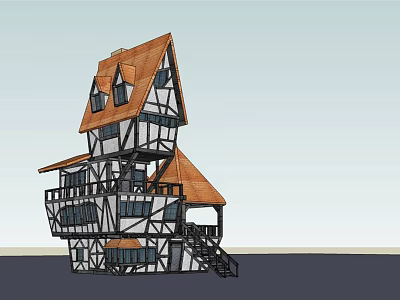 Unique Multi Story Building Exterior With Sloped Roofs And Wooden Frames Design 3d model