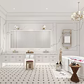 Elegant Bathroom Interior Design With White Marble Walls Double Vanity Chandelier and Bathtub